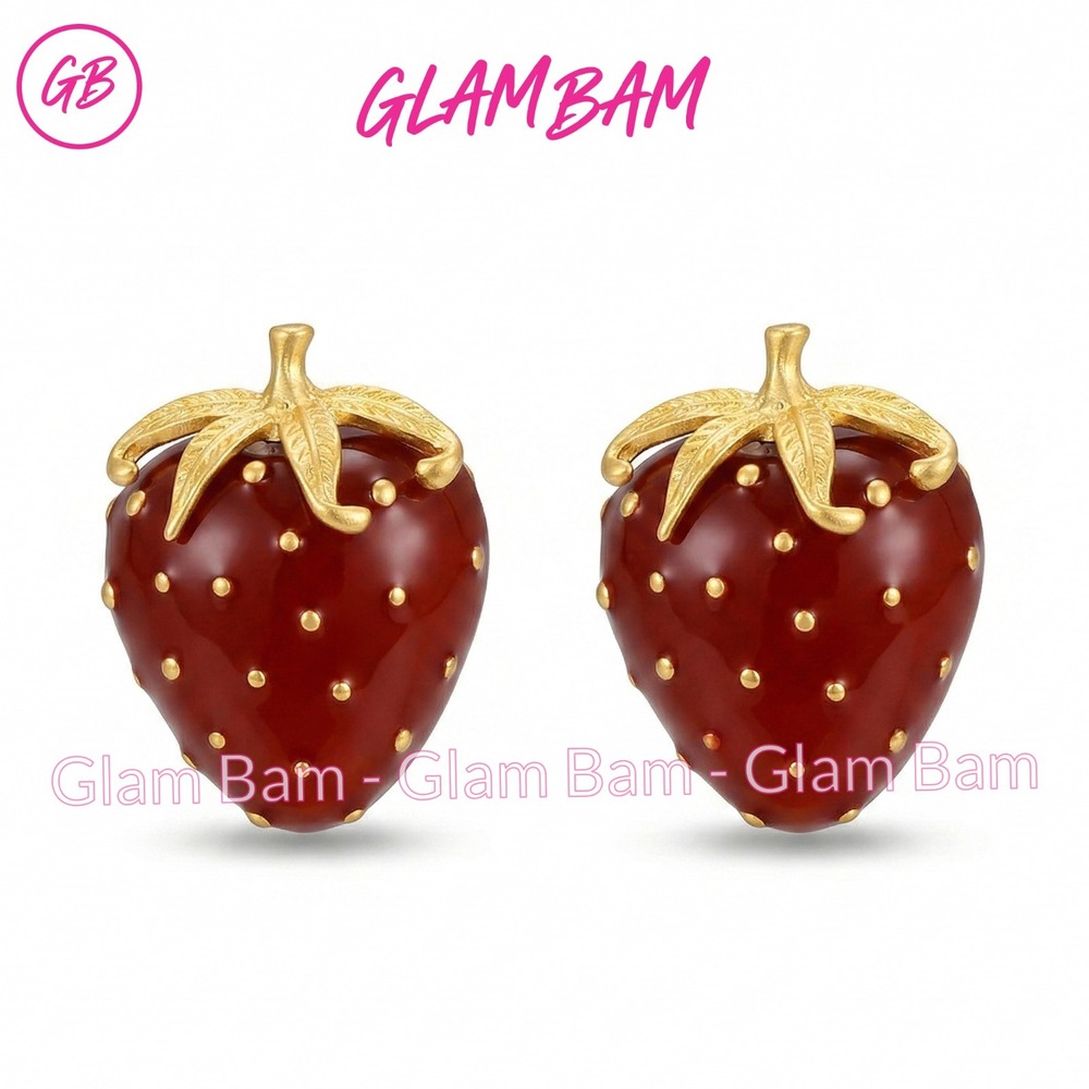 Red Enamel Strawberry Stud Earrings Silver Needle Post Alloy